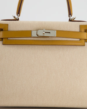 Hermès Kelly 28cm Bag Sellier in Ecru Beige Canvas and Sesame Swift Leather with Palladium Hardware