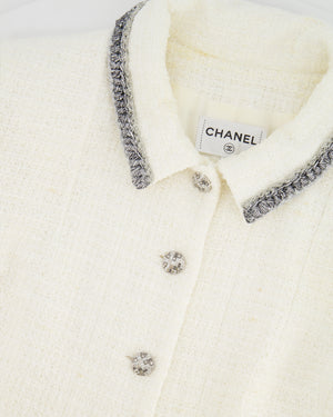 *HOT* Chanel 20S White Tweed Short-Sleeve Mini Dress with Silver Buttons and Embellishments Details FR 42 (UK 14) RRP £5,250