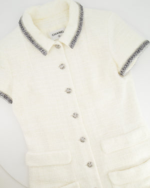 *HOT* Chanel 20S White Tweed Short-Sleeve Mini Dress with Silver Buttons and Embellishments Details FR 42 (UK 14) RRP £5,250