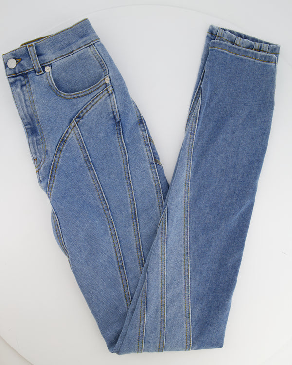 Mugler Blue Denim Panelled Skinny Jeans with Back Logo Detail Size FR 36 (UK 8)