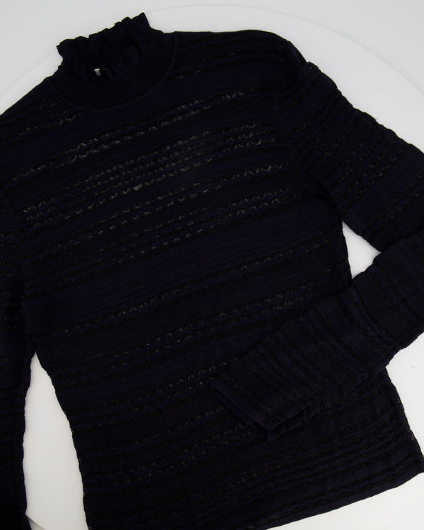 Chloé Navy Lace Long-Sleeve Wool Jumper with Ruffle-Neck Detailing Size FR 38 (UK 10)
