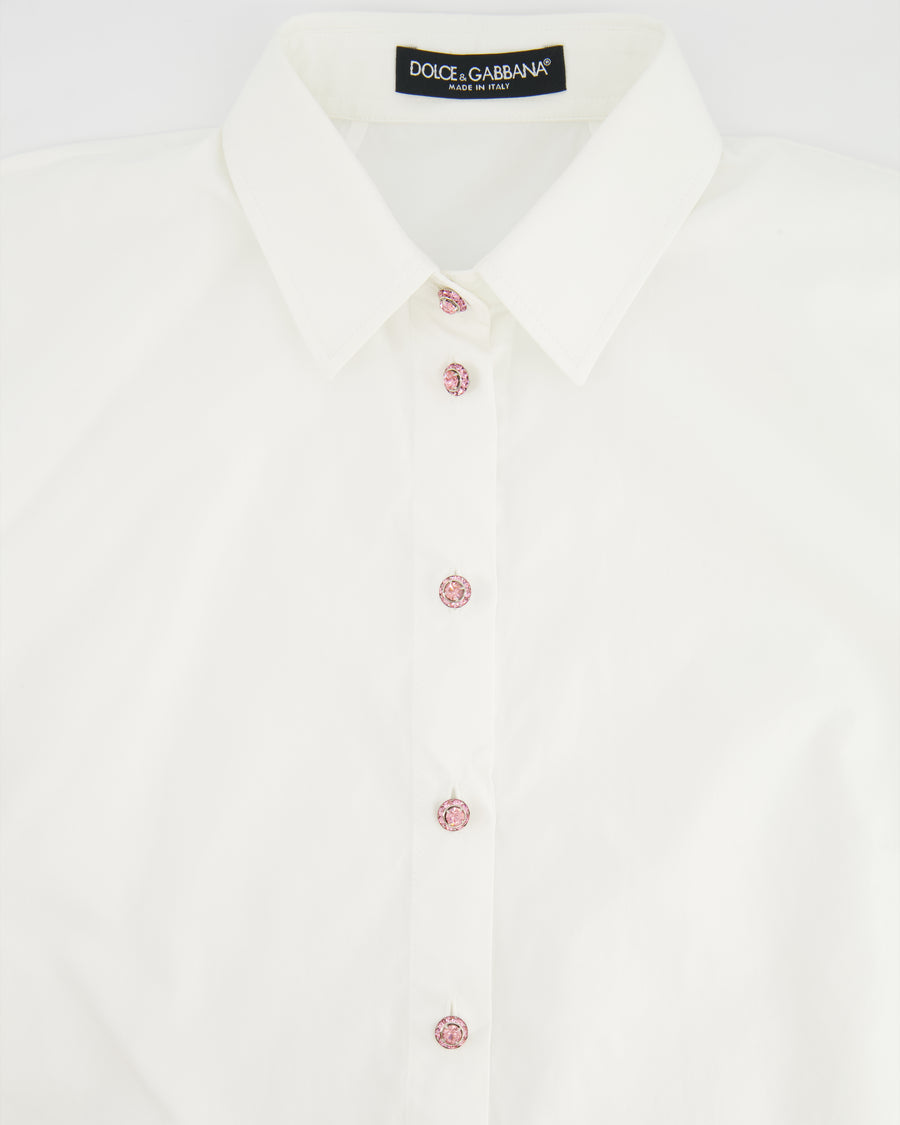 Dolce & Gabbana White Short-Sleeve Shirt with Pink Crystal Buttons Size IT 36 (UK 4)