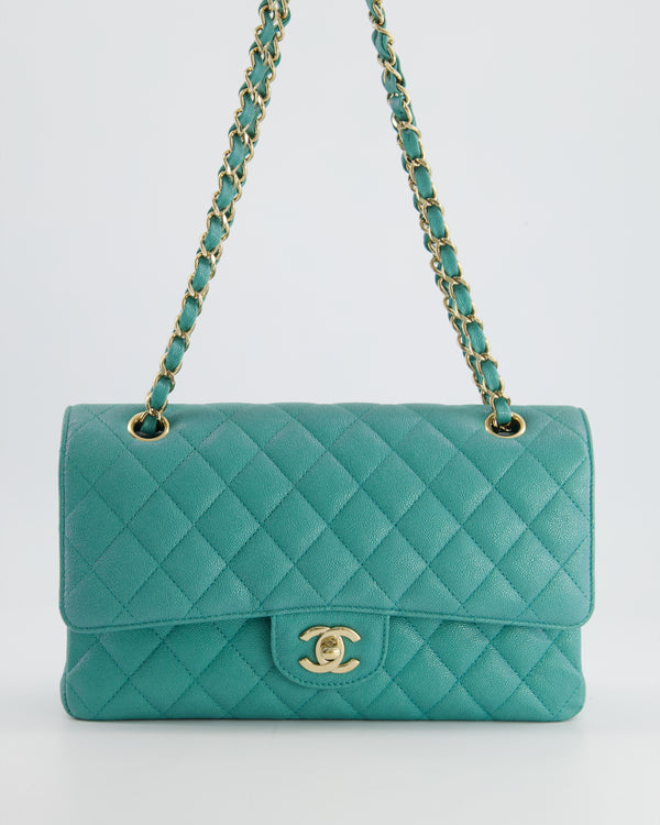 *HOT* Chanel Turquoise Iridescent Medium Classic Double Flap Bag in Caviar Leather with Champagne Gold Hardware