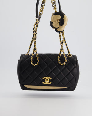 *HOT* Chanel 17C Black Camelia Small Flap Bag in Lambskin Leather with Antique Gold Hardware and Gold Insert Detail