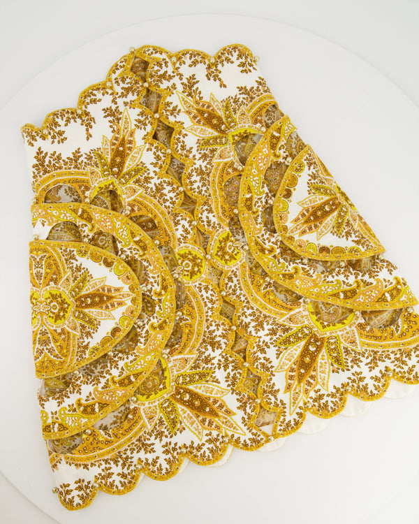 Zimmermann Yellow Linen Scalloped Mini Skirt with Gold Embellishments Size 0 (UK 8)