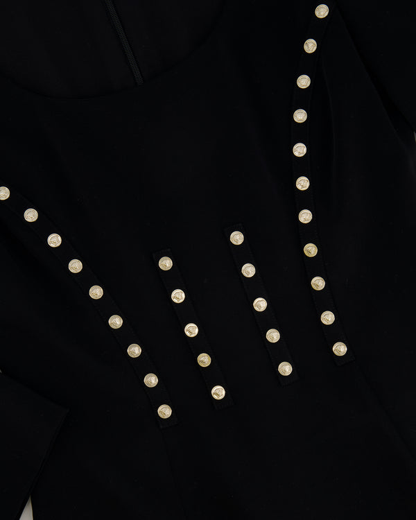 Versace Black Long-Sleeve Mini Dress with Medusa Gold Button Details Size IT 38 (UK 6)