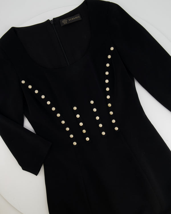 Versace Black Long-Sleeve Mini Dress with Medusa Gold Button Details Size IT 38 (UK 6)