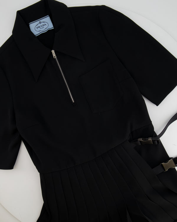 Prada Black Short-Sleeve Midi Dress with Buckle Details Size IT 42 (UK 10)