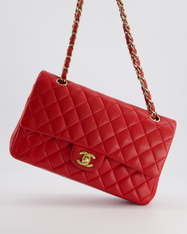 Chanel Medium Red Classic Double Flap Bag in Lambskin Leather with Brushed Gold Hardware