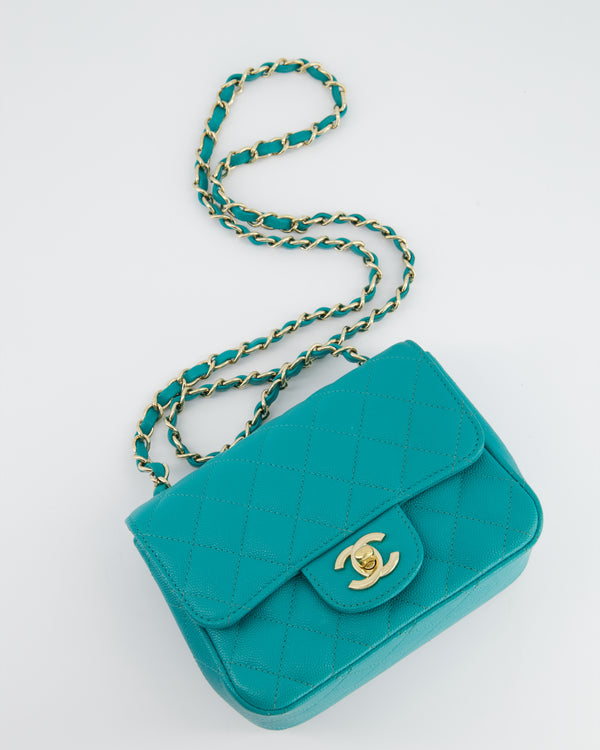 Chanel Turquoise Blue Mini Square in Caviar Leather with Champagne Gold Hardware