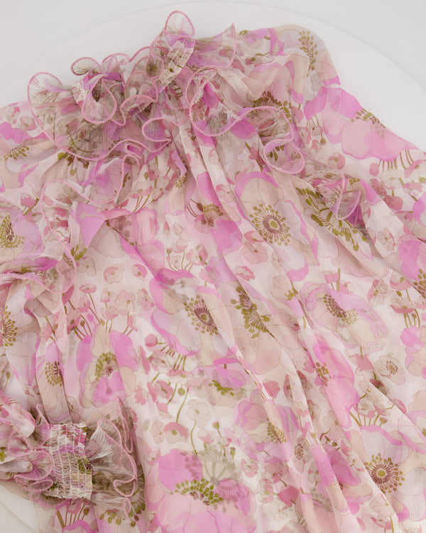 Zimmermann Pink Floral Silk Ruffle Long-Sleeve Blouse Size 1 (UK 10)