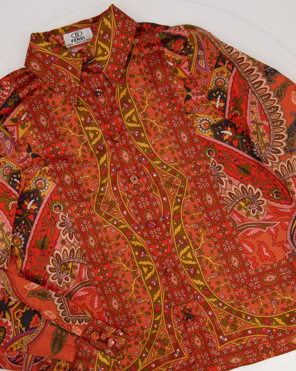 Fendi Orange Silk Printed Long-Sleeve Button Down Shirt Size IT 40/42 (UK 8/ 10)