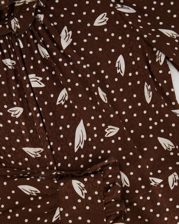 Alessandra Rich Brown Long-Sleeve Midi Silk Polkadot Dress Size IT 42 (UK 10)