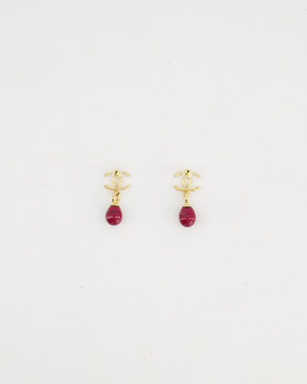 *HOT* Chanel Deep Red and Gold CC Logo Pendant Earrings