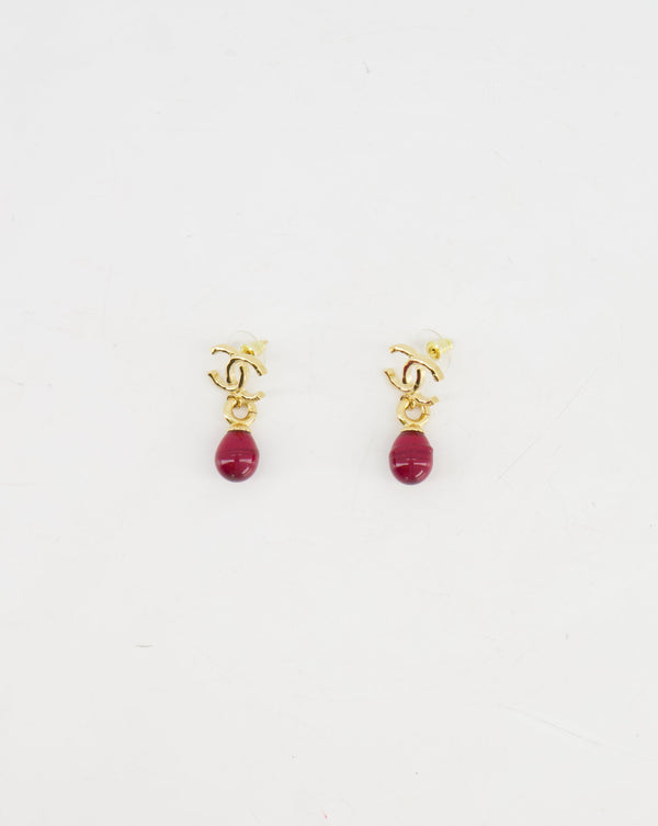 *HOT* Chanel Deep Red and Gold CC Logo Pendant Earrings