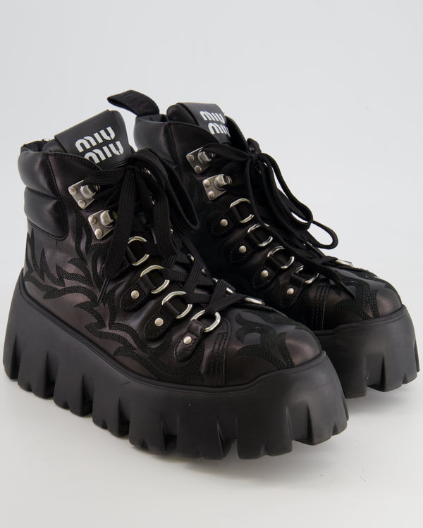 Miu Miu Black Leather Chunky Platform Boots with Logo and Embroideries Size EU 37.5 RRP £1,000