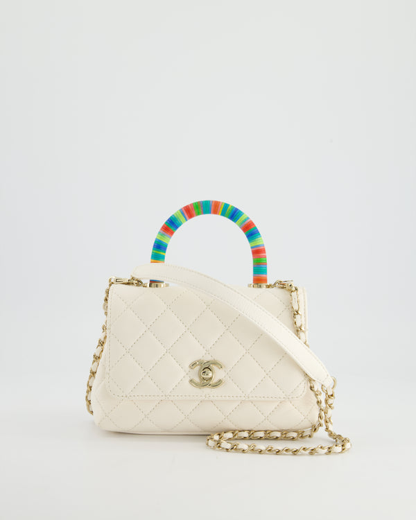 *RARE* Chanel White Mini Coco Multi-Colour Handle Bag in Lambskin with Champagne Gold Hardware