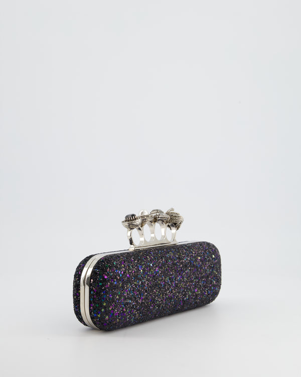 Alexander McQueen Glitter Knuckle Ring Holder Clutch Bag with Crystals and Silver Hardware