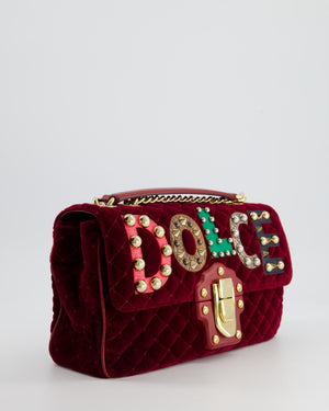 Dolce & Gabbana Burgundy Velvet Lucia Bag with Embellishments and Gold Hardware