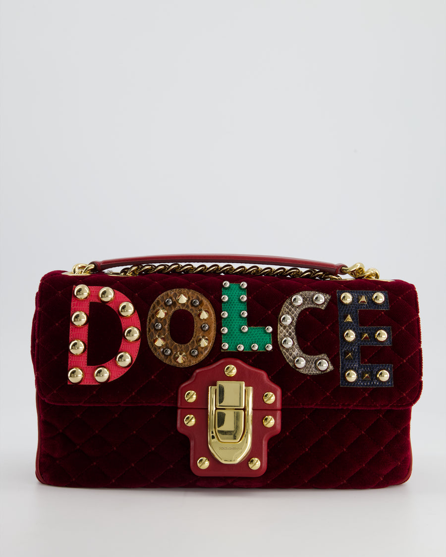 Dolce & Gabbana Burgundy Velvet Lucia Bag with Embellishments and Gold Hardware