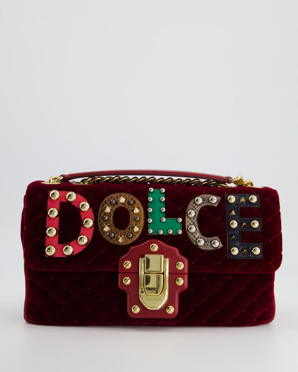 Dolce & Gabbana Burgundy Velvet Lucia Bag with Embellishments and Gold Hardware