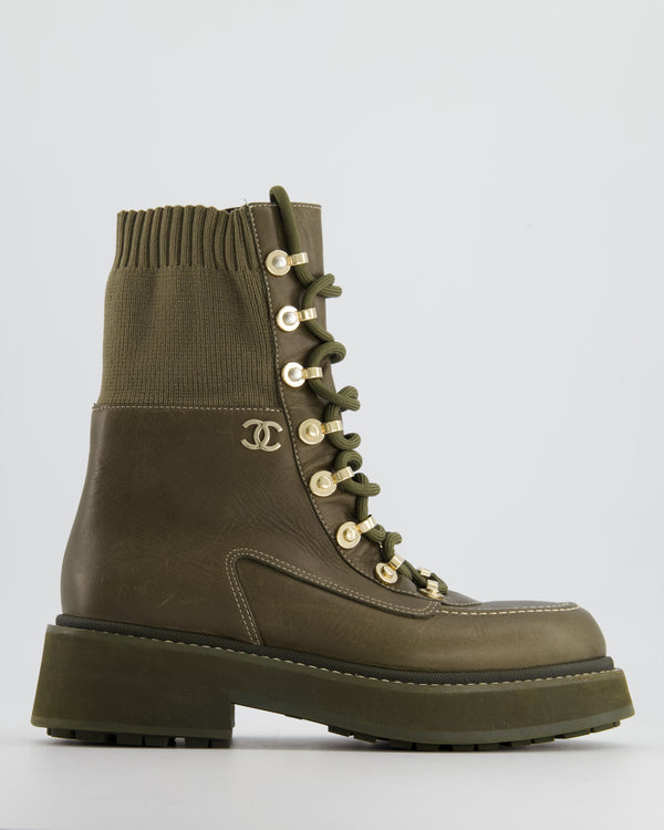 *HOT* Chanel Khaki Green Leather Platform Boots with CC Gold Logo Size EU 37.5