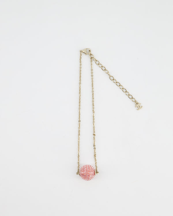 Chanel Champagne Gold Necklace with Pink Ball Pendant