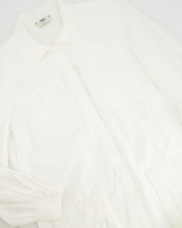Fendi White Long-Sleeve Shirt Dress with Pockets and Logo Detail Size IT 42 (UK 10)