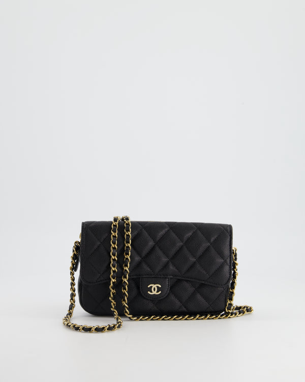 *RARE* Chanel Black Quilted Flap Wallet on Chain Bag in Caviar Leather and Gold Hardware