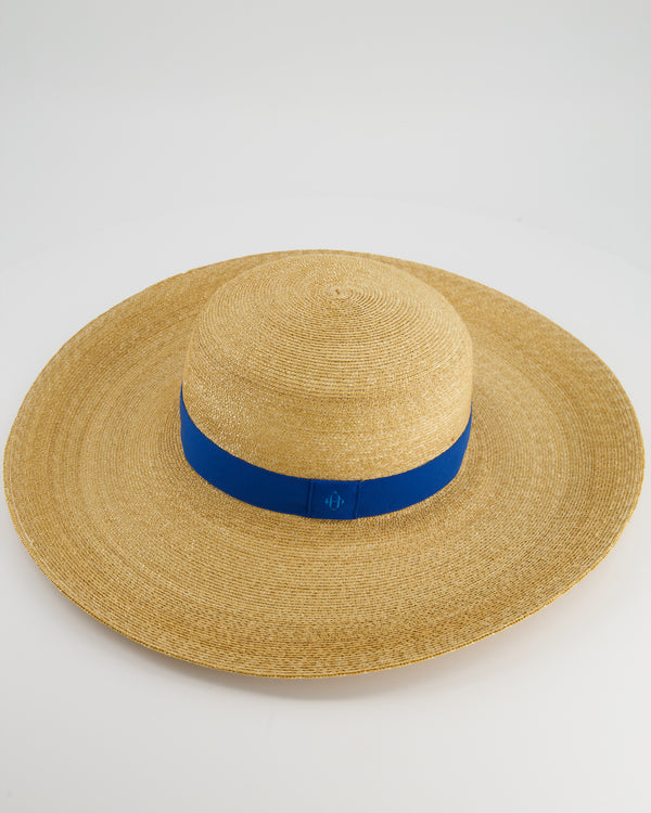 Hermès Beige Raffia Woven Hat with Blue Bandeaux Size 57
