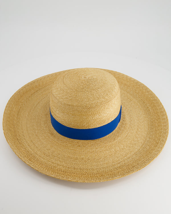 Hermès Beige Raffia Woven Hat with Blue Bandeaux Size 57