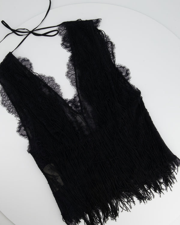 Alberta Ferretti Black Lace Sleeveless Blouse and Trousers Set with Fringe Detail IT 38/40 (UK 6/8)