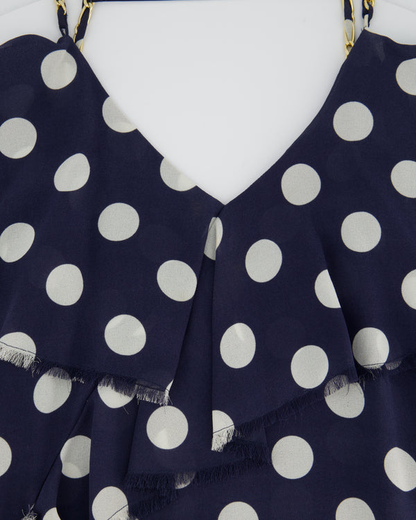 Balmain Navy Sleeveless Silk Midi Dress with Polkadot and Chain Details Size FR 36 (UK 8)