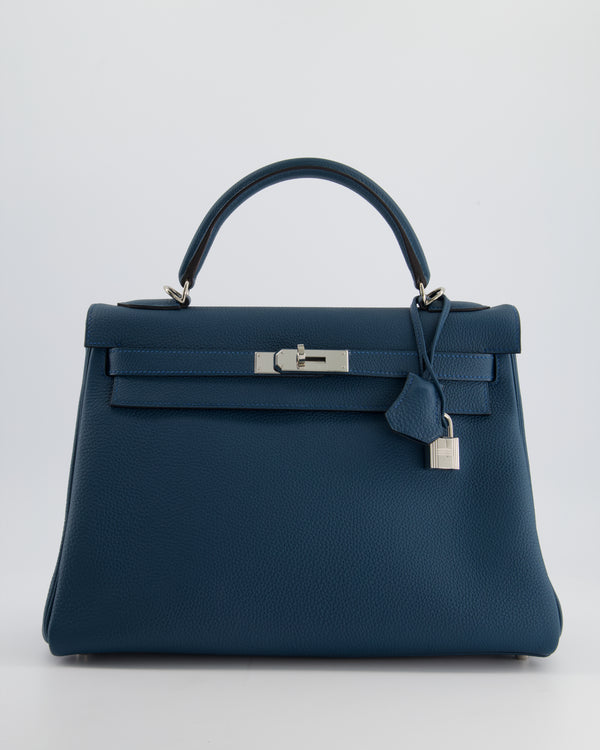 Hermes Kelly Bag 32 Retourne Bag in Bleu Colbert Togo Leather with Palladium Hardware