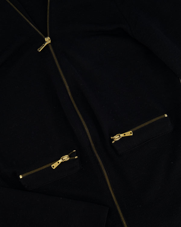 Saint Laurent Fall Winter 2008 Black Midi Knit Dress with Gold Logo Zip Details Size XS (UK 6)