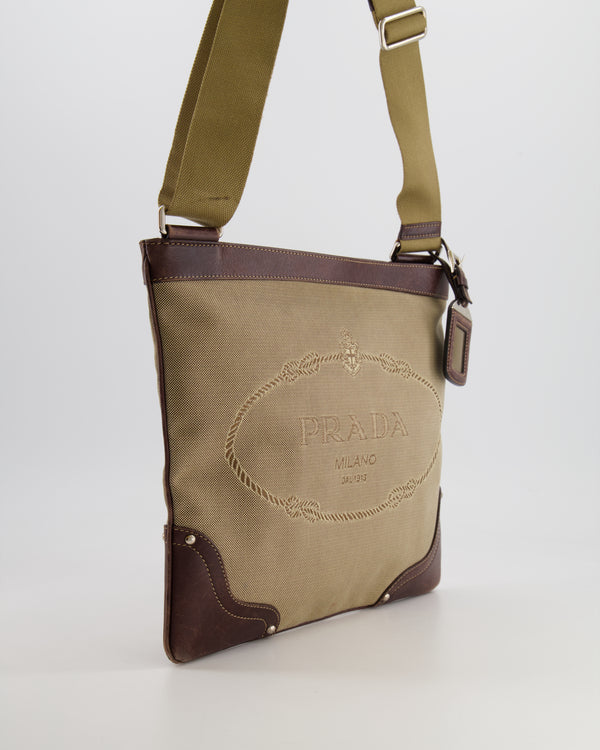 Prada Beige Canvas and Brown Leather Shoulder Bag with Logo Detail