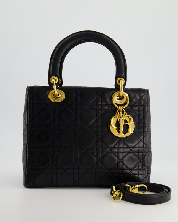 *HOT* Christian Dior Vintage Medium Lady Dior Bag in Black Lambskin Leather with Gold Hardware