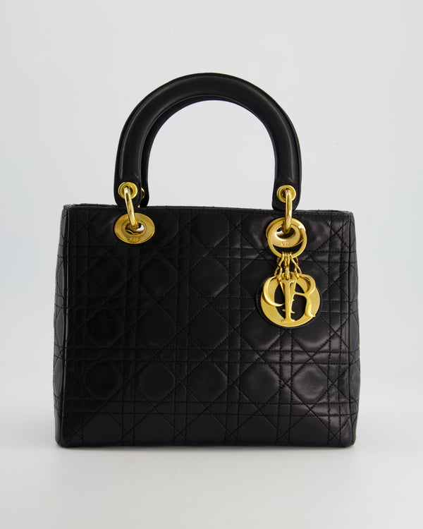 *HOT* Christian Dior Vintage Medium Lady Dior Bag in Black Lambskin Leather with Gold Hardware