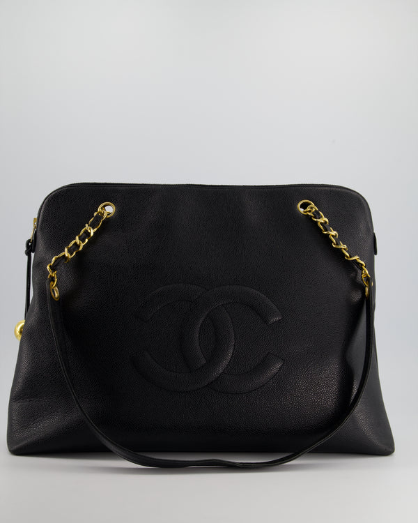 *HOT* Chanel Black Vintage XL Coco Mark Shoulder Bag in Caviar Leather with 24K Gold Hardware
