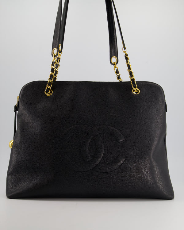 *HOT* Chanel Black Vintage XL Coco Mark Shoulder Bag in Caviar Leather with 24K Gold Hardware