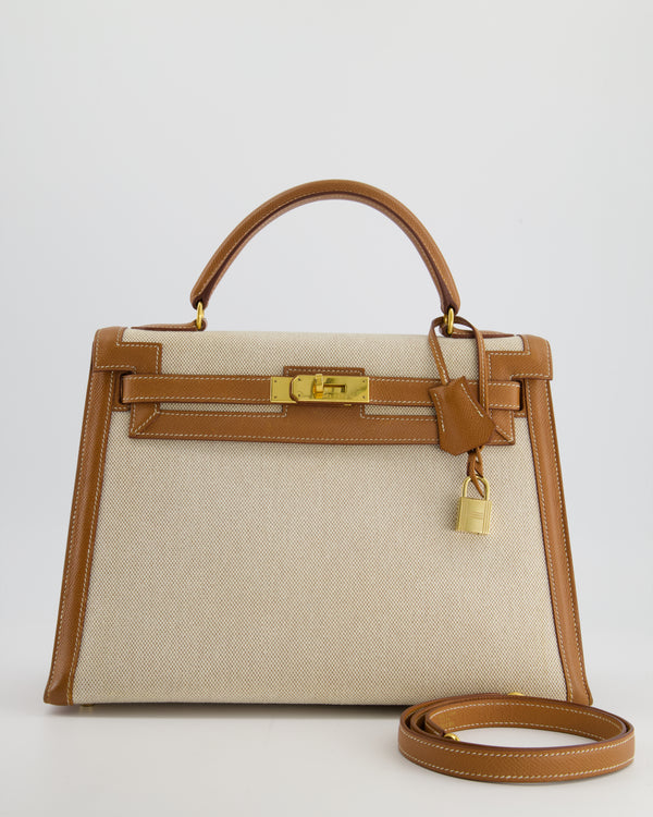 *HOT VINTAGE* Hermès Kelly 32cm Sellier Bag in Ecru Beige Canvas and Gold Courchevel Leather with Gold Hardware