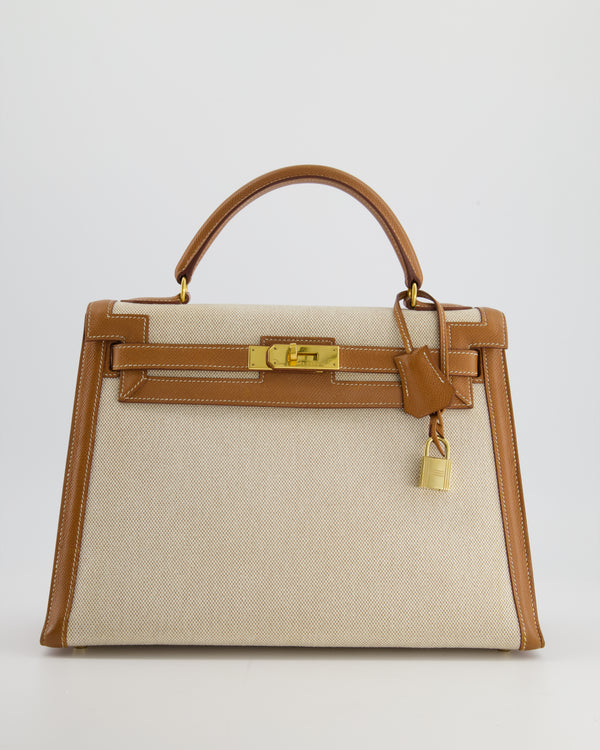*HOT VINTAGE* Hermès Kelly 32cm Sellier Bag in Ecru Beige Canvas and Gold Courchevel Leather with Gold Hardware
