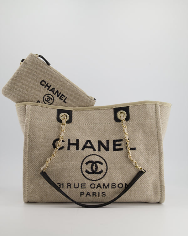 *HOT* Chanel Beige & Black Canvas Small Deauville Tote Bag with Champagne Gold Hardware