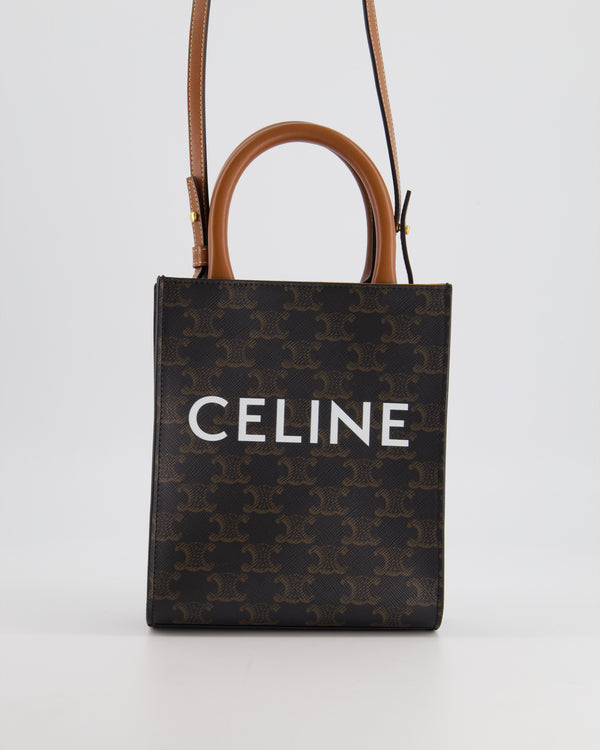 Celine Brown Mini Vertical Cabas Bag In Triomphe Coated Canvas and Calfskin Handles with Celine White Logo RRP £1150