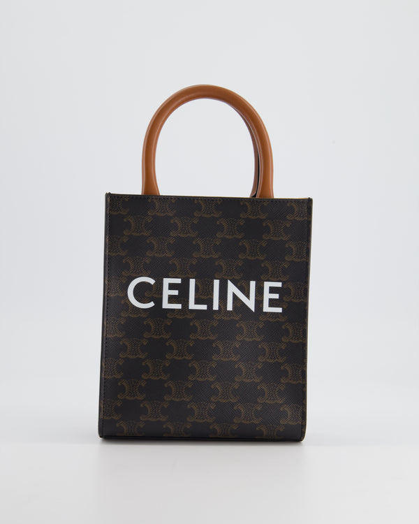 Celine Brown Mini Vertical Cabas Bag In Triomphe Coated Canvas and Calfskin Handles with Celine White Logo RRP £1150