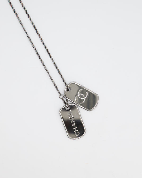 Chanel 2020 Gunmetal Long Necklace with Army Dog Tag with Crystals
