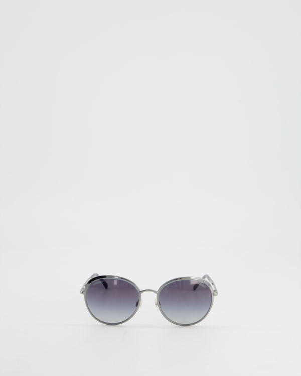 Chanel Gradient Round Sunglasses in Gunmetal Frames with Blue Tortoise Shell Ear Temple Tips