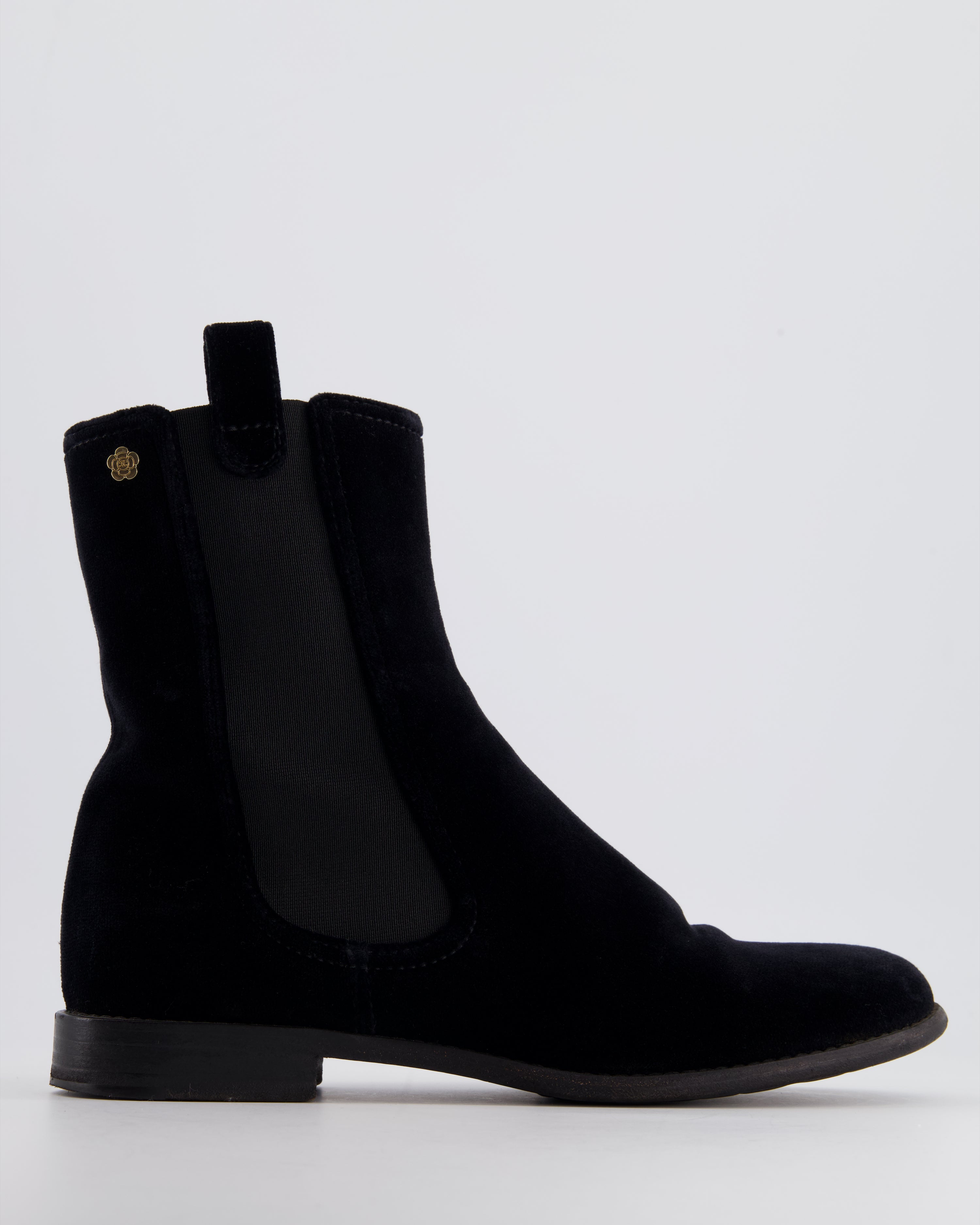 Chanel Black Velvet High Top Boots with Gold Camellia Detail Size EU 4 Sellier