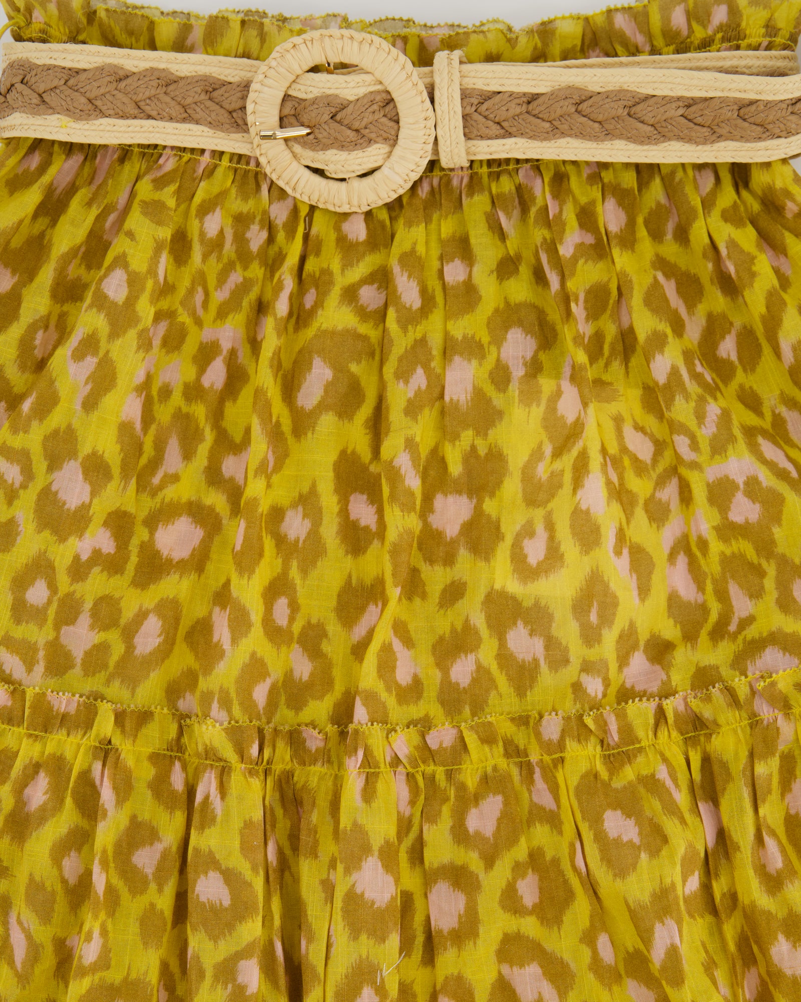 Zimmermann Lemon Leopard Carnaby Tiered Skirt with Raffia