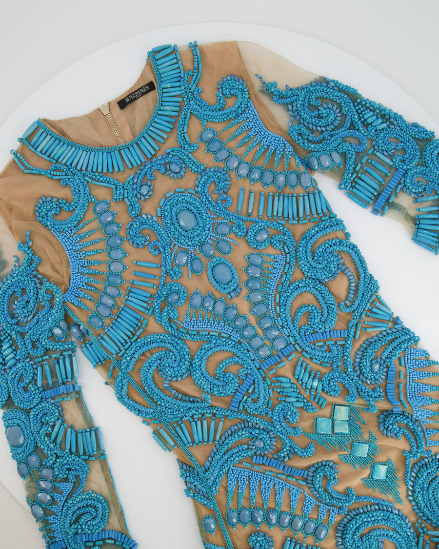 Balmain Blue and Beige Embellished Long- Sleeve Mini Dress Size FR 36 – Sellier